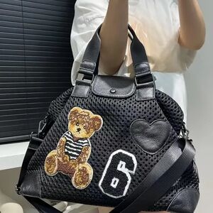 Bear patchwork heart patch black bag shoulder hand bag zipper closure